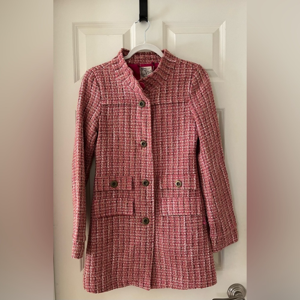 TULLE WOMENS RETRO MANDARIN COLLAR PINK TWEED SIXTIES MOD COAT-S